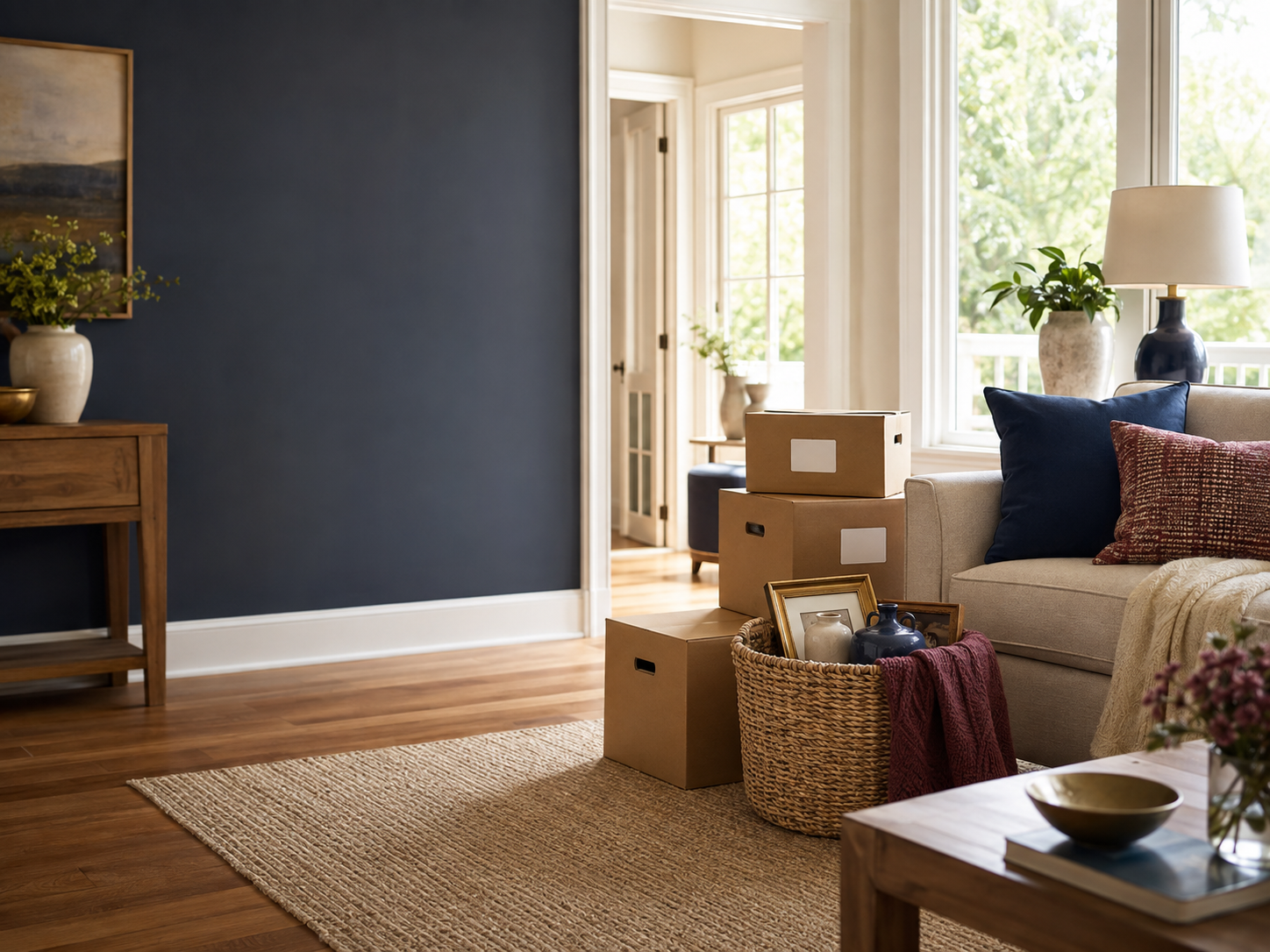 A calm, organized living room with moving boxes and selected keepsakes