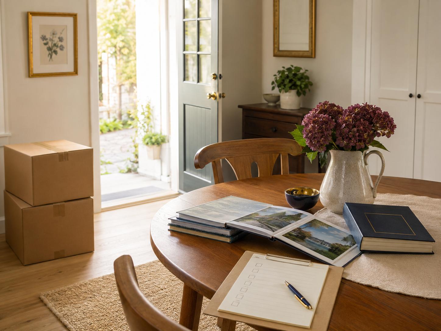 A bright dining area with organized photo albums, a planning checklist and moving boxes